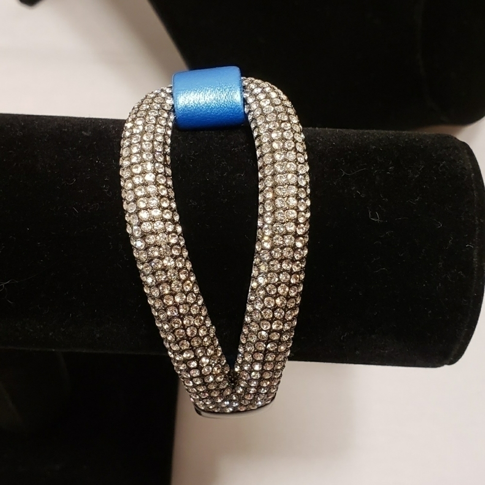 Joan Boyce “Edgy Diva” Pave Bracelet Blue Leather New No Box SPARKLE! - Picture 6 of 11
